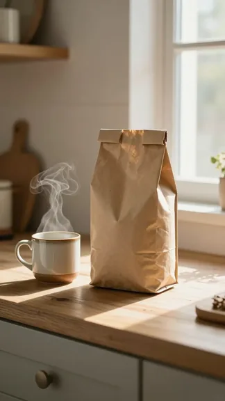 Kraft coffee bag beside a steaming mug in morning light