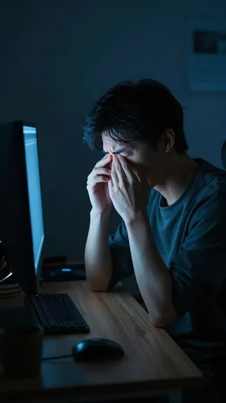 Person at a dark desk lit by monitor glow, rubbing their eyes