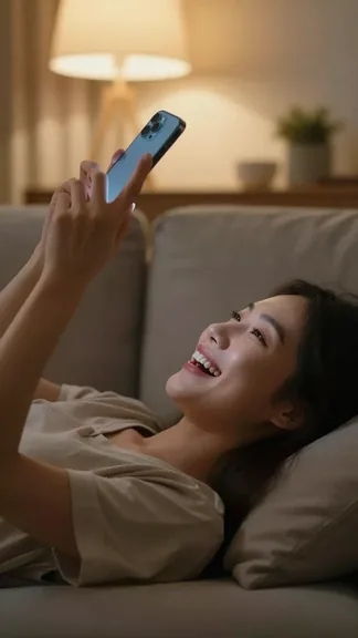 Woman on a sofa laughing at her phone in warm lamp light