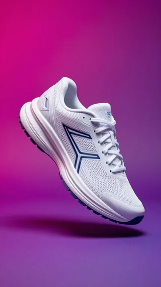 White running sneaker on a magenta and violet studio backdrop