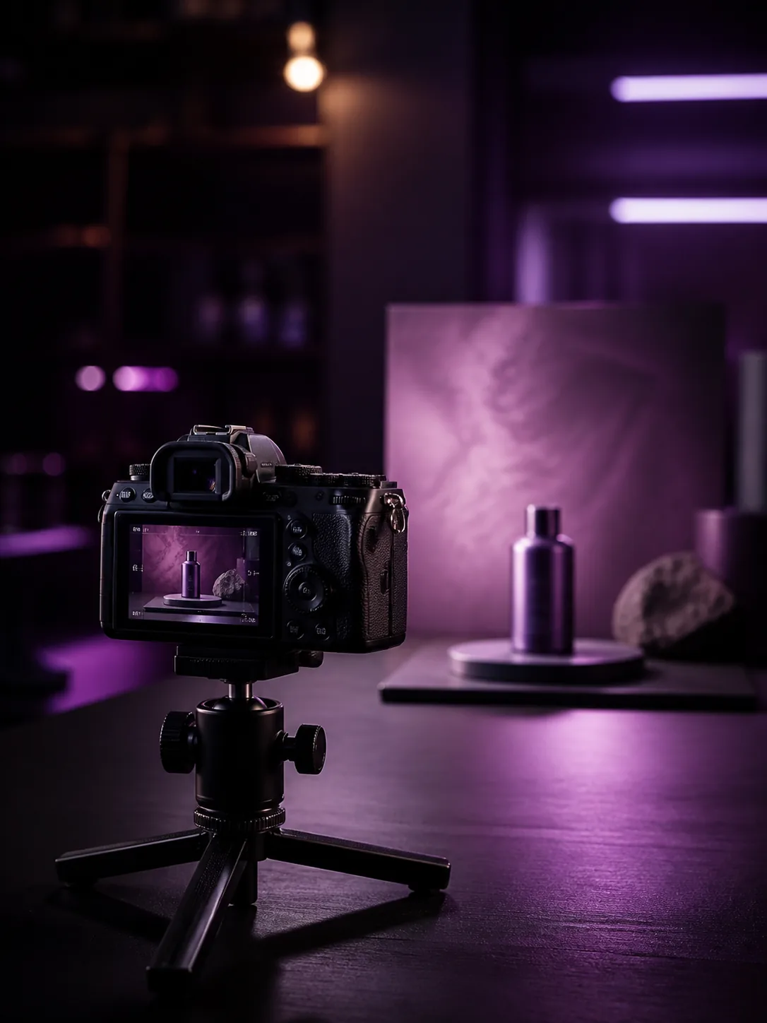 Camera filming a product in a content studio