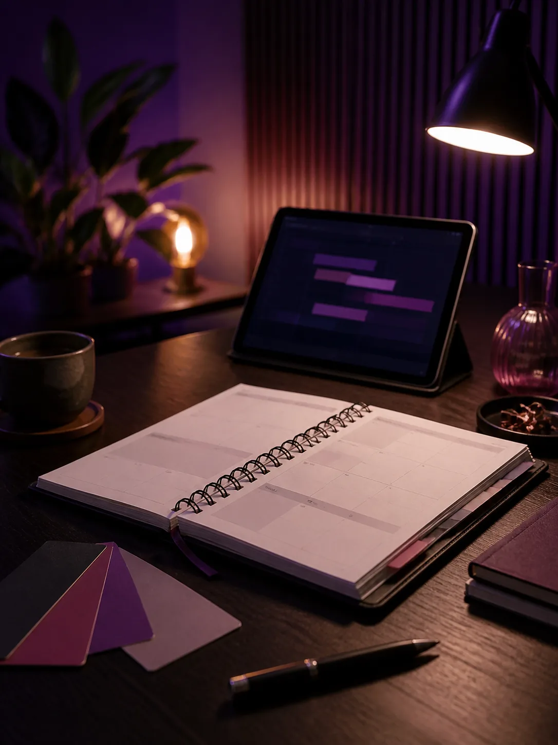 Campaign launch planner on a creative desk
